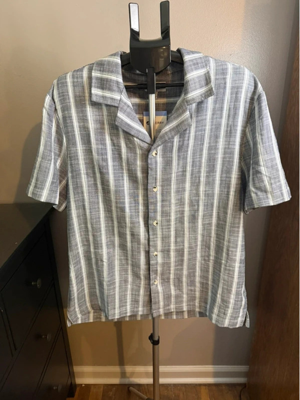 Sperry Premium Apparel Camp Collar Textured Shirt Navy Stripe Large NWT